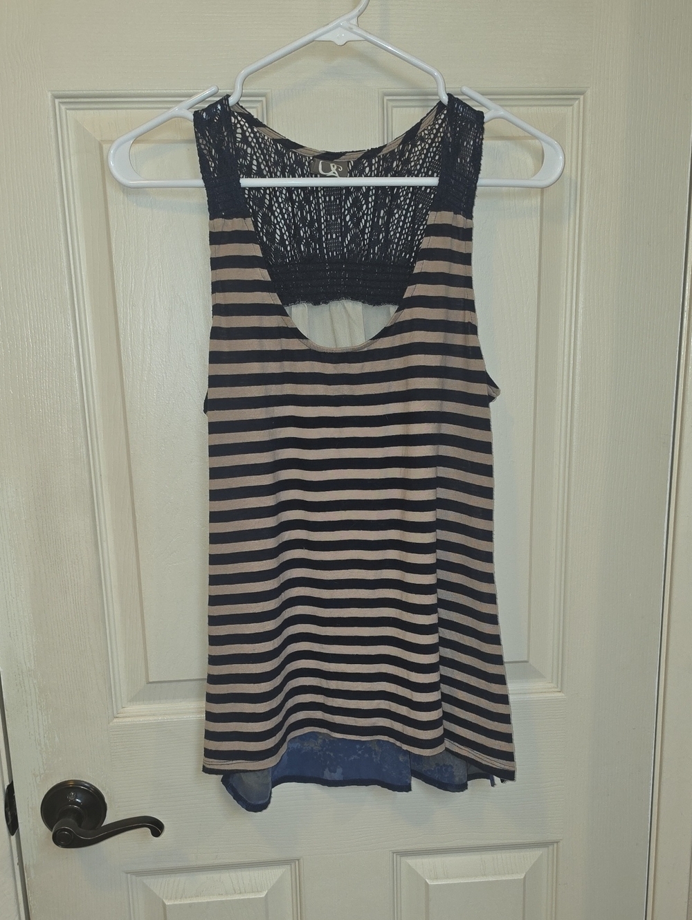 Striped Tank Top with Crochet Back - Black & Beige
